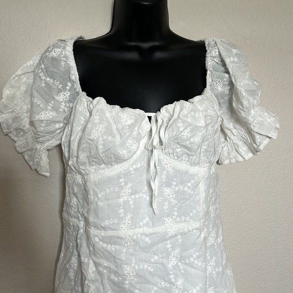 Princess Polly White Rose Eyelet Puff Sleeve Ruched Tie Bust Mini Dress - Picture 5 of 12